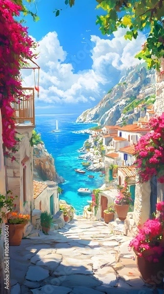 Fototapeta A picturesque scene of the island with its colorful houses, lush greenery, and crystal-clear waters in Greece, in the style of a paint