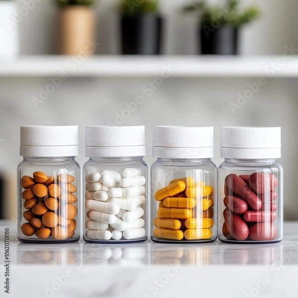 Fototapeta Four jars of assorted dietary supplements on a marble surface.