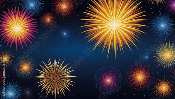Fototapeta a vibrant cityscape photograph featuring a nighttime skyline with a series of large, colorful fireworks exploding in the sky. The fireworks display a range of colors,