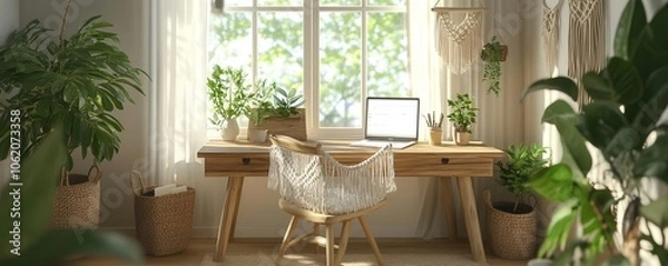 Fototapeta A cozy home office bathed in natural light, featuring a wooden desk, computer, and lush green plants that enhance the serene atmosphere.