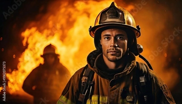 Fototapeta 911. Firefighters at work against the backdrop of a raging flame. Through smoke and ashes,