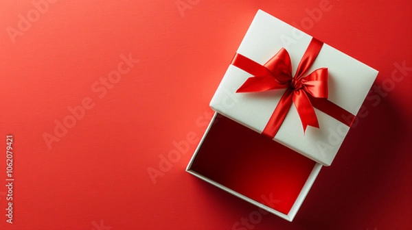 Fototapeta A white box with a red ribbon is open on a red background. The box is empty, but the red ribbon gives the impression of a gift. The red background adds a sense of warmth and excitement to the scene