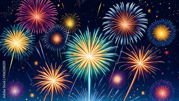 Fototapeta a vibrant cityscape photograph featuring a nighttime skyline with a series of large, colorful fireworks exploding in the sky. The fireworks display a range of colors,