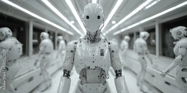Obraz Smart factory working with robots, production hall, future technologies, smart robots, artificial intelligence