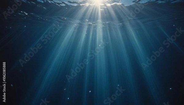 Fototapeta Sunlight Through Deep Blue Water: A breathtaking underwater view of the sun's rays piercing through the deep blue water, illuminating the ocean depths with ethereal light.