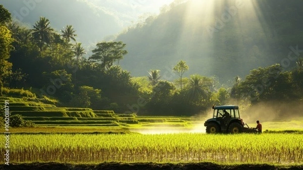 Fototapeta Farmer Preparing Soil in Paddy Field with Tractor