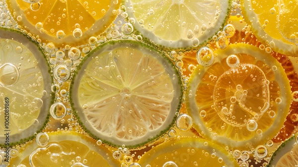 Fototapeta Close-ups of Lemon and Lime Slices Splashing and Dropping into Sparkling Fizzy Water, Refreshing Citrus Burst on Dark Background Ads, Social Media, Packaging, Banners, Websites, Menus