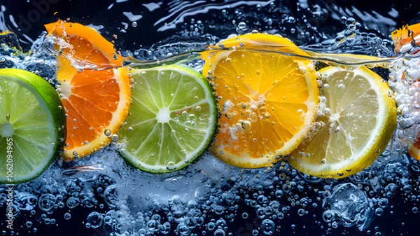 Fototapeta Close-ups of Lemon and Lime Slices Splashing and Dropping into Sparkling Fizzy Water, Refreshing Citrus Burst on Dark Background Ads, Social Media, Packaging, Banners, Websites, Menus