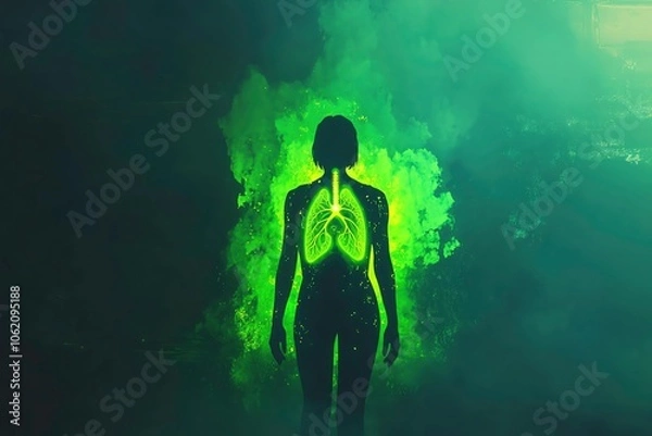 Fototapeta Silhouette of a person with lungs highlighted in glowing green, open space for text, futuristic and modern design, representing vitality and health