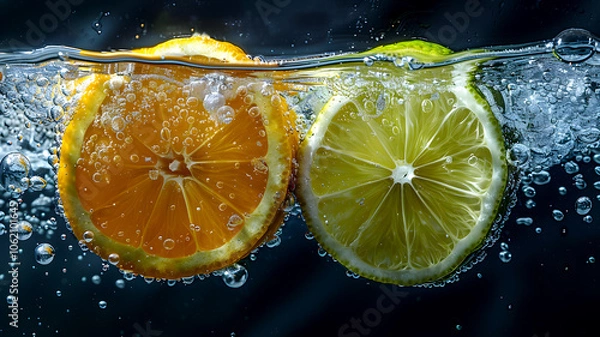 Fototapeta Close-ups of Lemon and Lime Slices Splashing and Dropping into Sparkling Fizzy Water, Refreshing Citrus Burst on Dark Background Ads, Social Media, Packaging, Banners, Websites, Menus