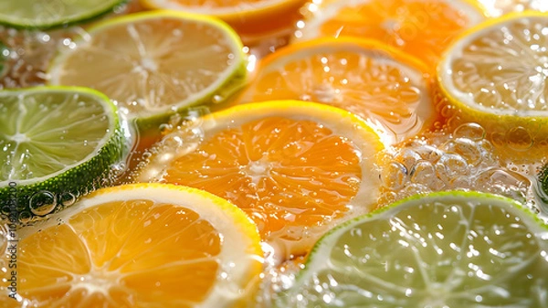 Fototapeta Close-ups of Lemon and Lime Slices Splashing and Dropping into Sparkling Fizzy Water, Refreshing Citrus Burst on Dark Background Ads, Social Media, Packaging, Banners, Websites, Menus