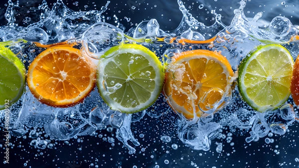 Fototapeta Close-ups of Lemon and Lime Slices Splashing and Dropping into Sparkling Fizzy Water, Refreshing Citrus Burst on Dark Background Ads, Social Media, Packaging, Banners, Websites, Menus