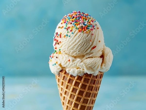 Obraz Delicious Vanilla Ice Cream Cone with Colorful Sprinkles - Festive Treat on Blue Background