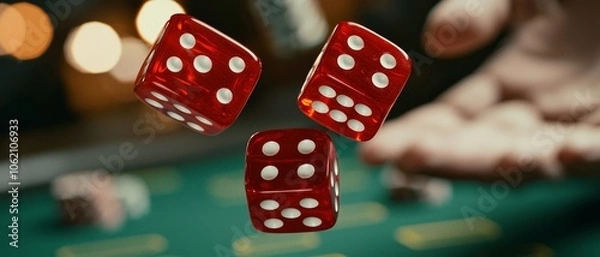 Fototapeta Dynamic Red Dice Trio Suspended in Mid-Air on Casino Gaming Table, Evoking Excitement and Luck