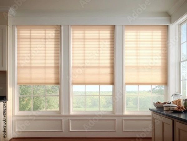 Fototapeta Elegant Beige Pleated Shades Serene Window with Wainscoting in Contemporary Kitchen Interior - Minimalist Home Design Concept