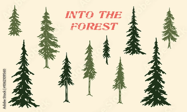 Obraz Pine Tree Silhouette Set – Evergreen Pine, Firs and Spruces for Nature and Wilderness Designs, Vector Woodland Illustrations on Off-White Background.