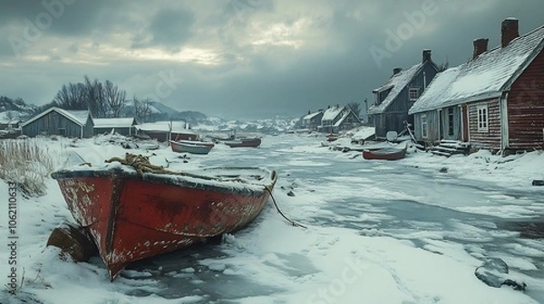 Obraz Coastal village frozen ice fishing boats stranded depicting hardships faced during the Little Ice Age