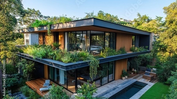 Obraz A rainwater pipe line is located at the corner of the terrace roof