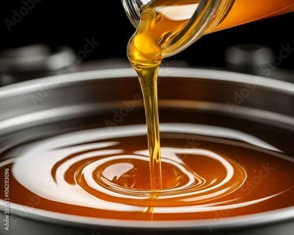 Obraz Golden Liquid Pouring into Metallic Bowl - Luxurious Close-Up of Viscous Gold Elixir in Industrial Setting
