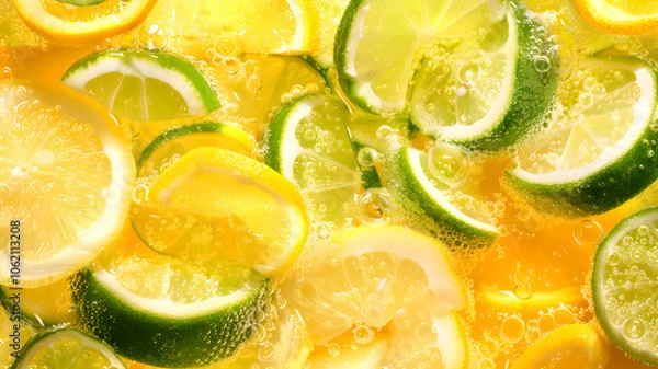 Fototapeta Close-ups of Lemon and Lime Slices Splashing and Dropping into Sparkling Fizzy Water, Refreshing Citrus Burst, and Used in Ads, Social Media, Packaging, Banners, Websites, Menus