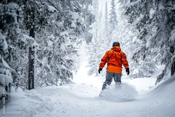 Fototapeta free ride - snowboarder starting down a narrow trail between tall pine trees, snow powder flying up with every turn