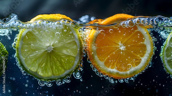 Fototapeta Close-ups of Lemon and Lime Slices Splashing and Dropping into Sparkling Fizzy Water, Refreshing Citrus Burst, and Used in Ads, Social Media, Packaging, Banners, Websites, Menus