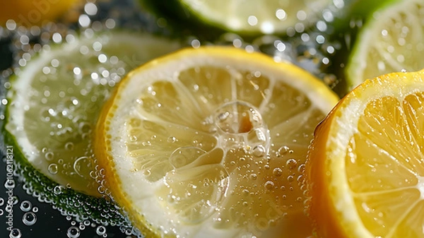 Fototapeta Close-ups of Lemon and Lime Slices Splashing and Dropping into Sparkling Fizzy Water, Refreshing Citrus Burst, and Used in Ads, Social Media, Packaging, Banners, Websites, Menus