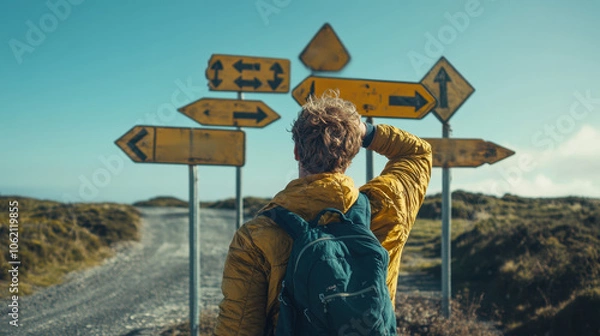 Fototapeta A traveler contemplates multiple road signs, indicating various directions amidst a scenic landscape, highlighting the theme of exploration and decision-making.