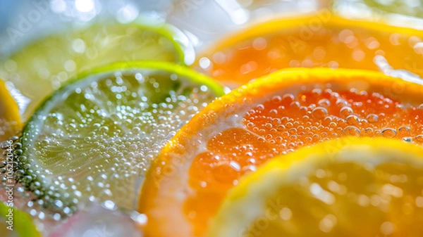 Fototapeta Close-ups of Lemon and Lime Slices Splashing and Dropping into Sparkling Fizzy Water, Refreshing Citrus Burst, and Used in Ads, Social Media, Packaging, Banners, Websites, Menus