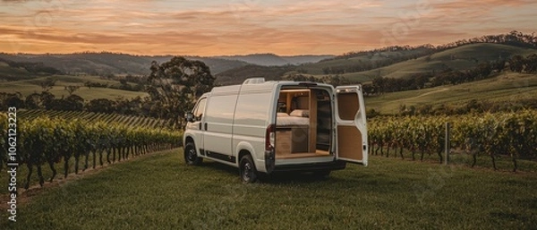 Obraz Serene Sunset Adventure White Camper Van in Vineyard Setting with Open Door - Tranquil Travel Concept