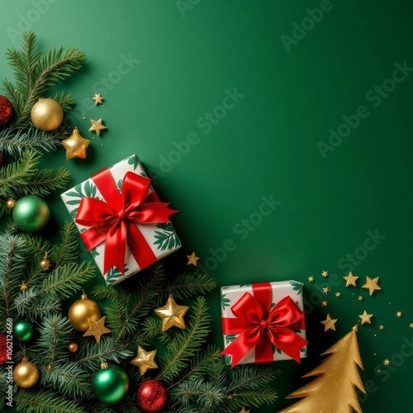 Fototapeta Vintage Christmas background with red and white balls decoration, fir tree branches, candy canes, confetti. Retro Christmas card template.