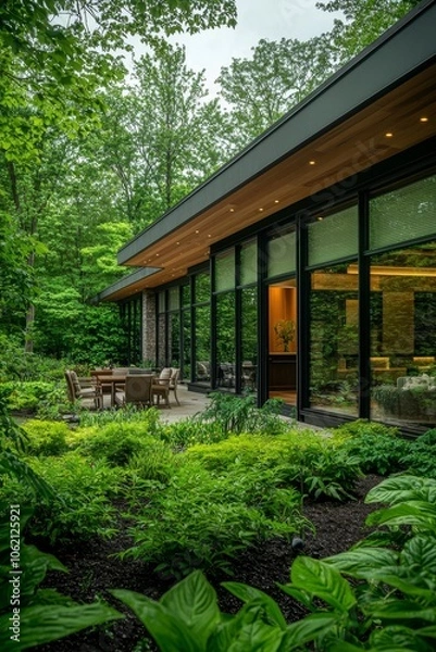 Obraz Tranquil Modern House Amid Verdant Forest Serene Patio Retreat with Nature Integration, Luxury Living in Secluded Setting - Ideal for Lifestyle and Architectural Designs