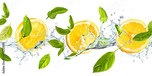 Fototapeta Close-ups of Mint, Green Leaf, Lemon, and Lime Slices Splashing and Dropping into Sparkling Water, Refreshing Citrus Burst on White Background Ads, Social Media, Packaging, Banners, Websites, Menus