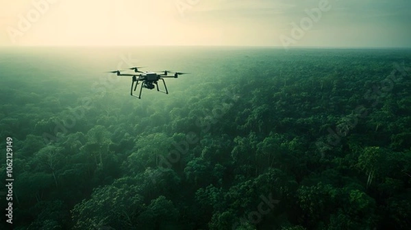 Fototapeta Aerial View of a Drone Gliding Through a Dense, Misty Forest Surrounded by Lush Evergreen Trees

