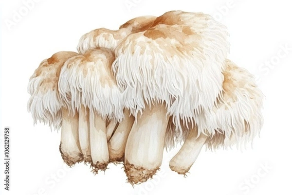Fototapeta Watercolor painting showcases a cluster of lion's mane mushrooms, highlighting their unique texture and cascading tendrils