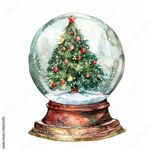 Fototapeta Watercolor painting of a snow globe with a Christmas tree.