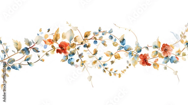 Obraz Elegant Hand-Painted Watercolour Floral Border Design - Beautiful Flower and Leaf Pattern for Wall Decor, Invitations, and Crafts