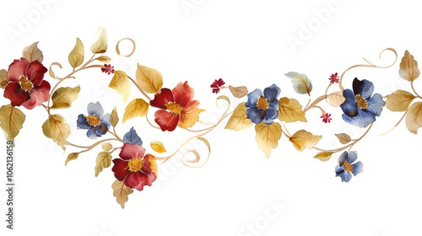 Obraz Elegant Hand-Painted Watercolour Floral Border Design - Beautiful Flower and Leaf Pattern for Wall Decor, Invitations, and Crafts