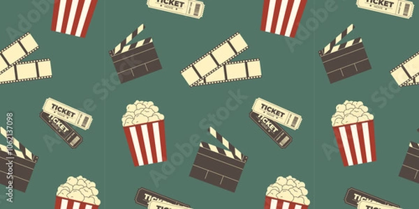Fototapeta International Film Day pattern on green background. World Cinema Day.Popcorn, tickets, film strip and Clapperboard. Great for wallpaper, banner, website, wrapping paper, cards and packaging.