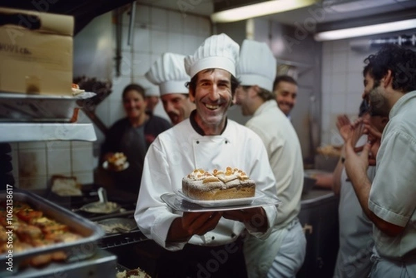 Obraz A baker beams with pride, holding a freshly baked cake in a bustling kitchen, capturing the joy and camaraderie of a happy culinary team.