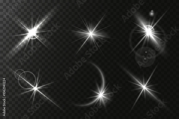 Fototapeta Sunlight, abstract special effect. Light effect set. Glowing isolated color transparent light effect set, lens flash, explosion, glitter, glitter, glitter, dust, line, solar flare, glitter and stars