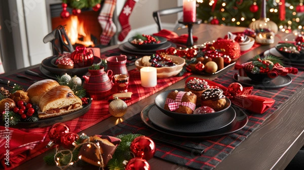 Obraz festive table setting for Christmas dinner featuring delicious treats, elegant decorations, and warm ambiance. scene captures joy and warmth of holiday season