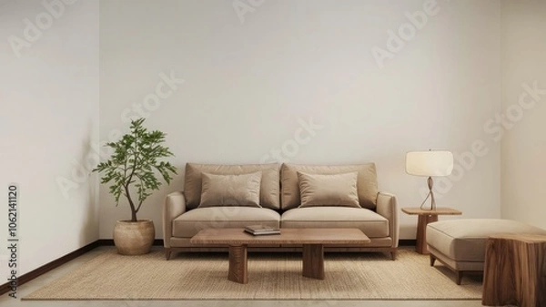 Fototapeta a living room with a couch, table, and a lamp.