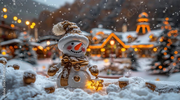 Fototapeta playful snowman with carrot nose and buttons stands in snowy landscape, surrounded by twinkling lights and festive decorations, evoking joyful winter atmosphere