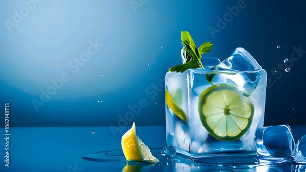 Fototapeta Close-ups of IceCube, Lemon and Lime Slices Splashing and Dropping into Sparkling Fizzy Water, Refreshing Citrus Burst, and Used in Ads, Social Media, Packaging, Banners, Websites, Menus