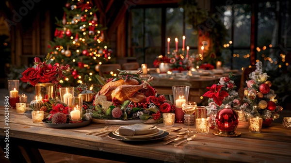 Obraz beautifully decorated rustic wooden table set for festive Christmas dinner, featuring golden turkey, vibrant red roses, candles, and sparkling Christmas tree in background. warm ambiance creates