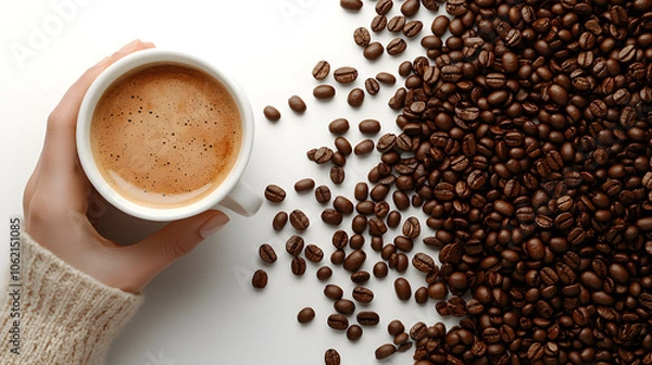 Fototapeta Coffee Break Bliss: A woman's hand gently cradles a steaming cup of coffee, set against a backdrop of rich, dark roasted beans. The perfect image for blogs, websites.