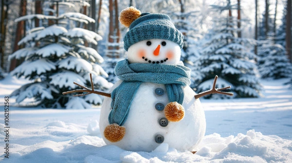 Obraz cheerful snowman with blue scarf and hat stands in snowy forest, surrounded by evergreen trees. Its friendly expression brings joy to winter landscape