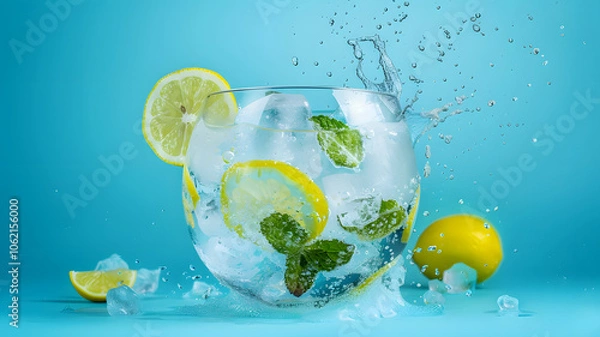 Fototapeta Close-ups of IceCube, Lemon and Lime Slices Splashing and Dropping into Sparkling Fizzy Water, Refreshing Citrus Burst, and Used in Ads, Social Media, Packaging, Banners, Websites, Menus