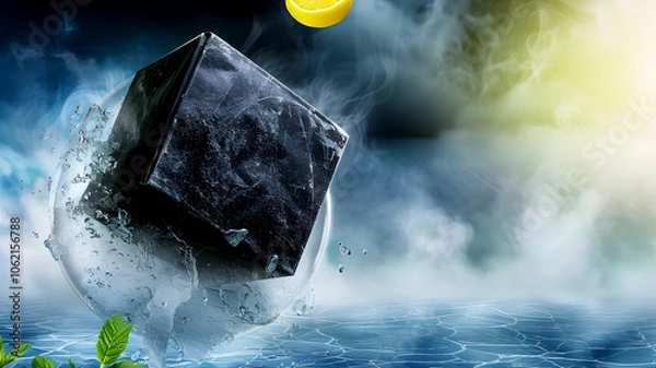 Fototapeta Close-ups of Black IceCube, Lemon and Lime Slices Splashing and Dropping into Sparkling Fizzy Water, Refreshing Citrus Burst, and Used in Ads, Social Media, Packaging, Banners, Websites, Menus